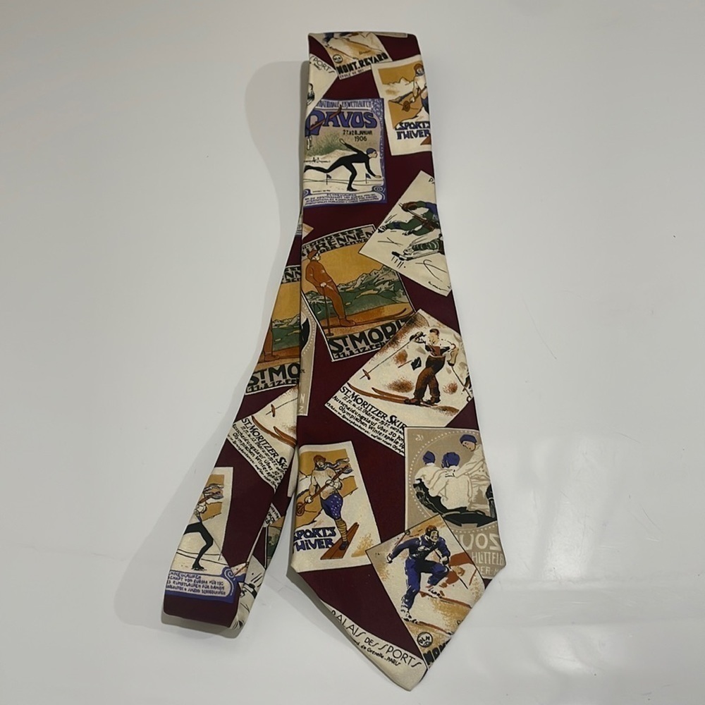Vintage L’Atelier Skiing, Hockey, Outdoor Sports Tie—GORGEOUS!! New With Tags
